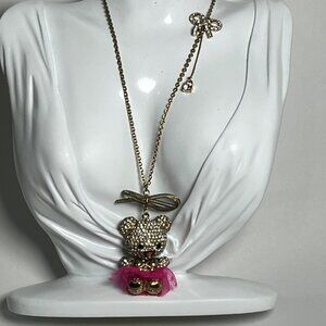 Betsey Johnson Crystal Teddy Bear ballerina gold magenta Pendant Necklace 28"